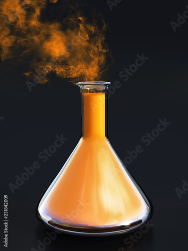 3D rendering of a science beaker with smoke coming from it.