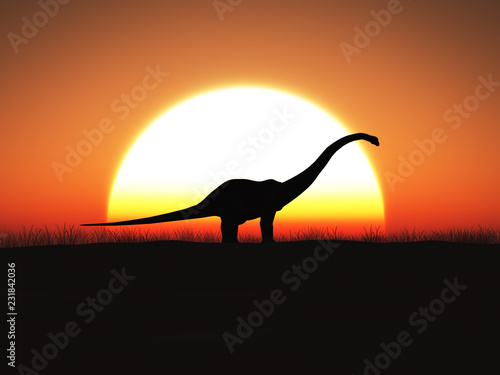 3D rendering of a dinosaur standing against a big sun at sunset.