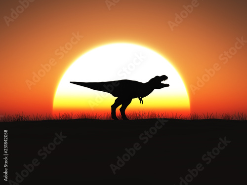 3D rendering of a T. rex dinosaur standing against a big sun at sunset.