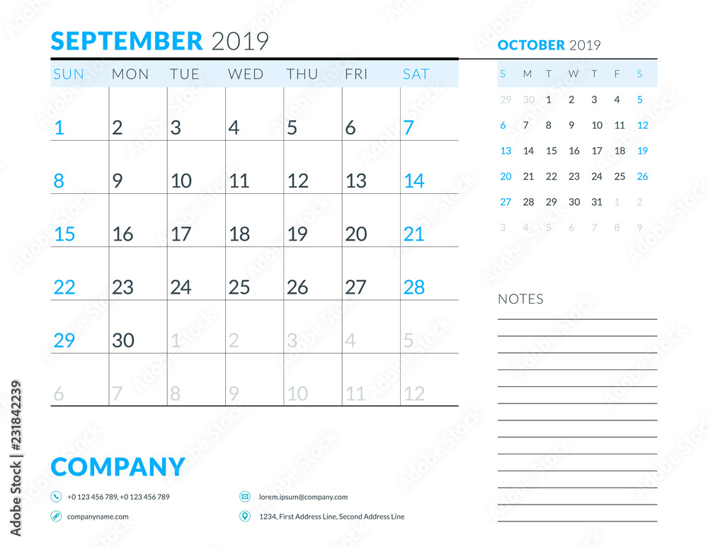 September 2019. Week starts on Sunday. Calendar planner stationery design template. Vector illustration September 2019. Week starts on Sunday. Calendar planner stationery design template. Vector illustration