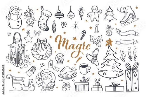 Big set of Christmas design doodle elements with Merry Christmas Lettering