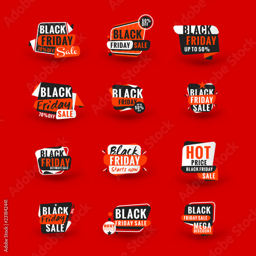 Black Friday sale sticker. Discount banner. Special offer sale tag. Red and black color theme. Vector illustration.