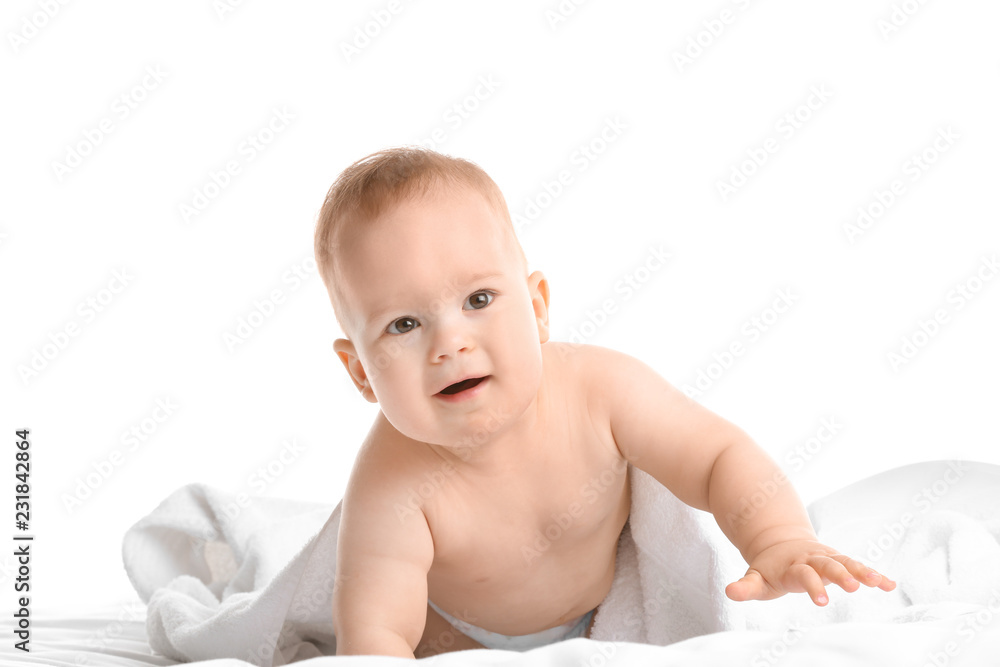 Cute little baby with soft towel on white background Cute little baby with soft towel on white background