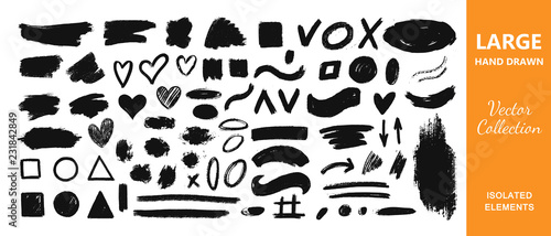 Vector collection of ink, grunge, dirty brush, black paint, strokes. Hand drawn