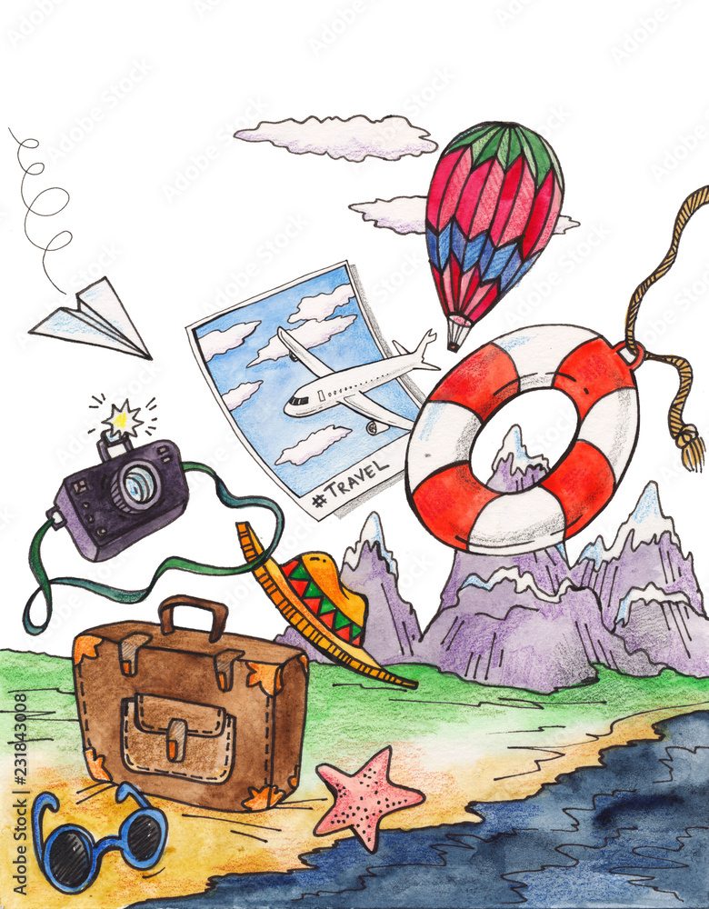 Watercolor travel, tourist objects collection Stock Illustration