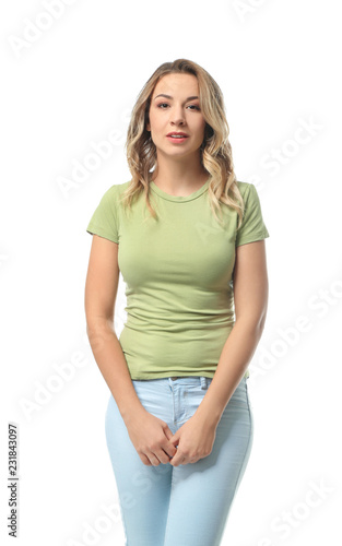 Portrait of beautiful young woman on white background