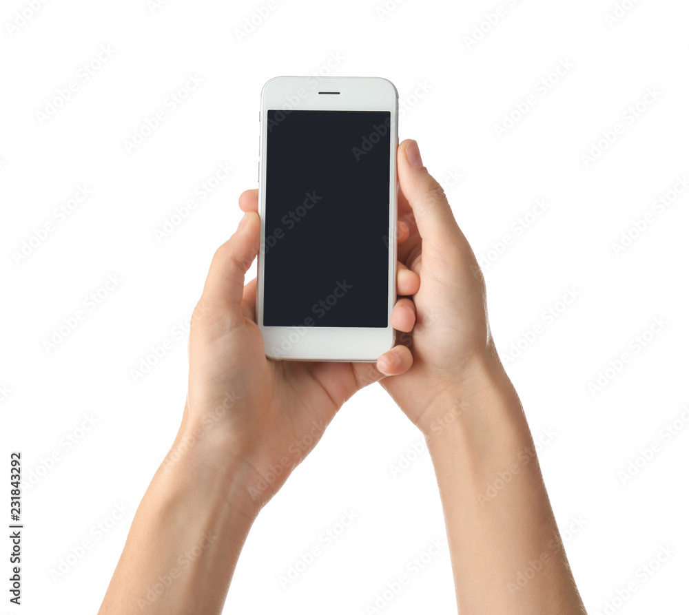 Young woman holding mobile phone on white background Young woman holding mobile phone on white background