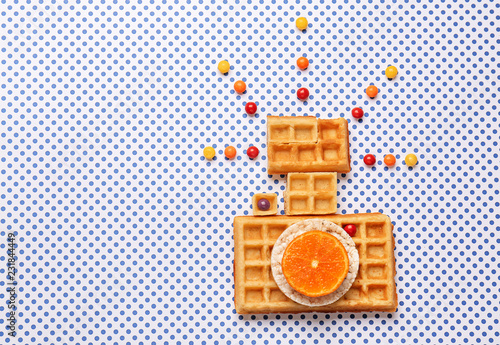 Photo camera made of waffles on light background