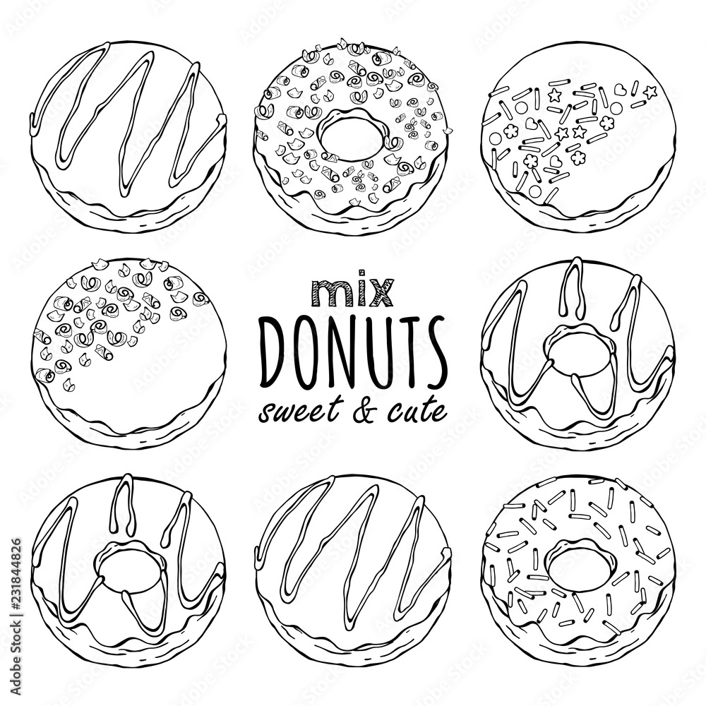 Group of vector illustrations on the sweets theme; set of different kinds of glazed donuts decorated with toppings, chocolate, nuts. Realistic isolated objects for your design. Group of vector illustrations on the sweets theme; set of different kinds of glazed donuts decorated with toppings, chocolate, nuts. Realistic isolated objects for your design.