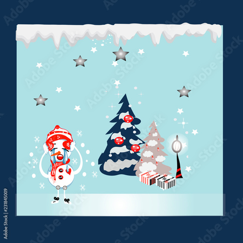 Vector Illustration Of Merry Christmas, Happy Snowman Is Acting Like Santa Claus By Wearing A Red Hat, he is crying. vector © Luiza