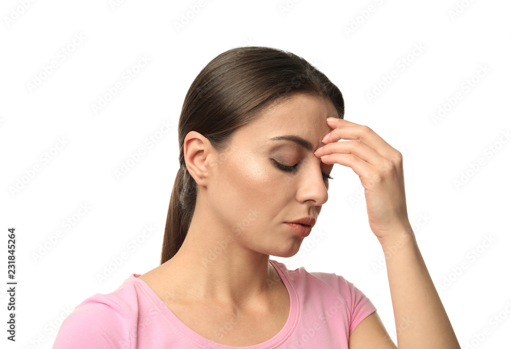 Woman suffering from headache on white background Woman suffering from headache on white background