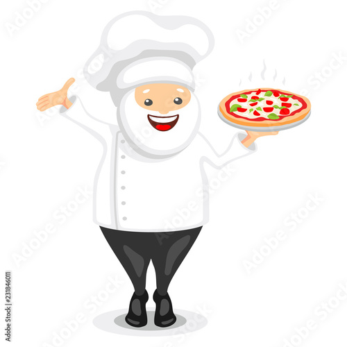 Cute chef character. Funny cook in white hat holding pizza. Vector illustration in cartoon style.