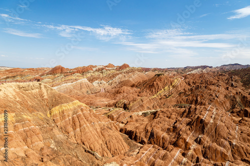 Striped rock formations in Danxia Feng, or Colored Rainbow Mountains, in Zhangye, Gansu, China. Here the view from the Sea of Clouds observation deck
