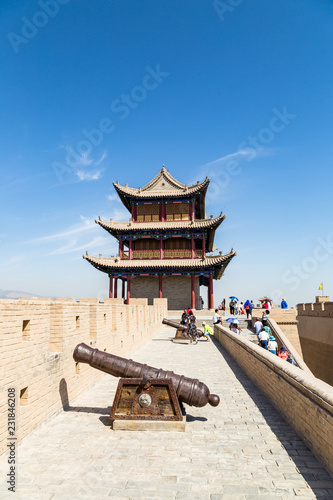 Canvas Print Aug 2017 - Jiayuguan Fort, Gansu, China - Cannon and watchtower of Jiayuguan Fort, China