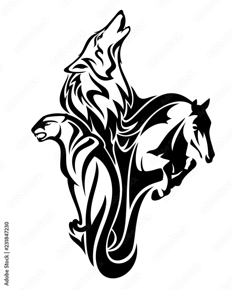 wild animals vector outlines symbolizing fauna spirits - wolf, cougar and  horse merged together Stock Vector | Adobe Stock