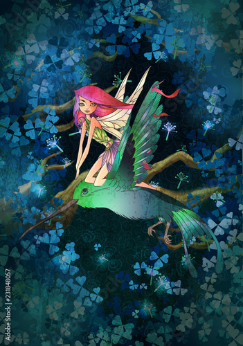 Cute fairy with pink long hair flying a colibri in front of magic forest background