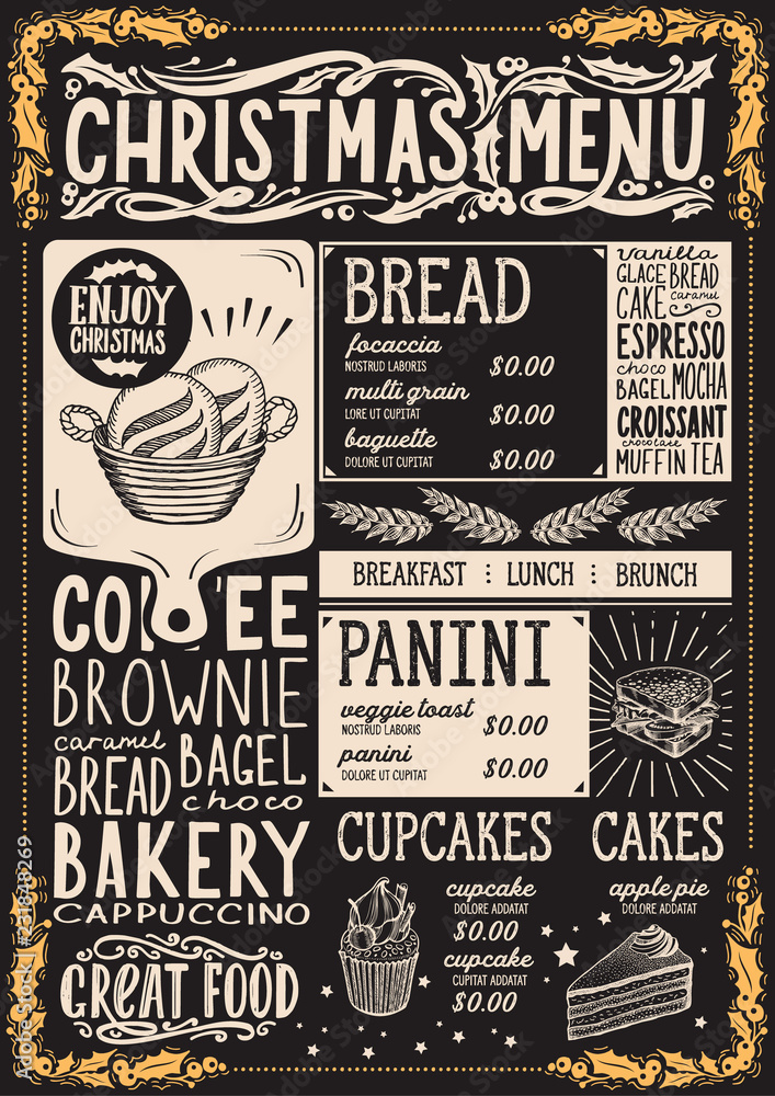 Fototapeta Christmas menu template for bakery on blackboard.