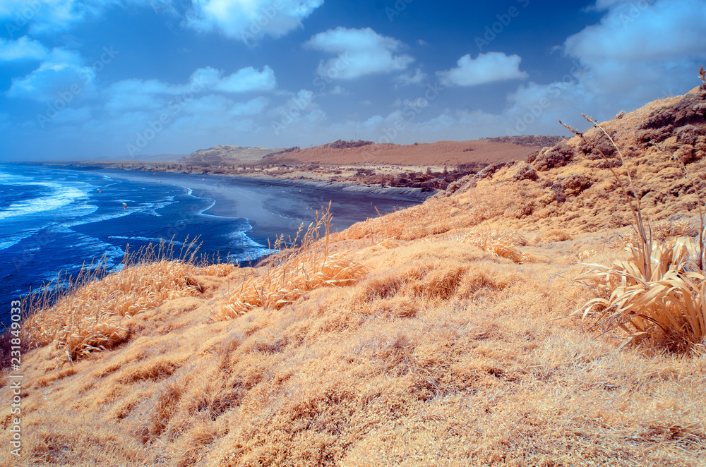 Infrared image of Muriwai beach in the evening