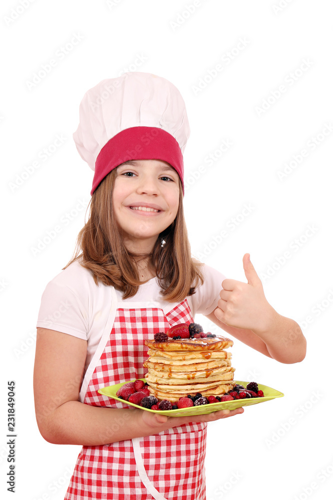 happy beautiful little girl cook with american pancakes and thumb up happy beautiful little girl cook with american pancakes and thumb up
