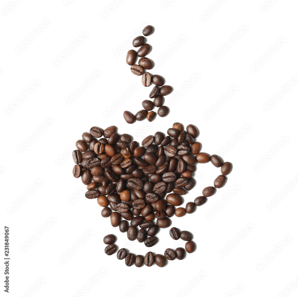 Creative composition made of roasted coffee beans on white background Creative composition made of roasted coffee beans on white background