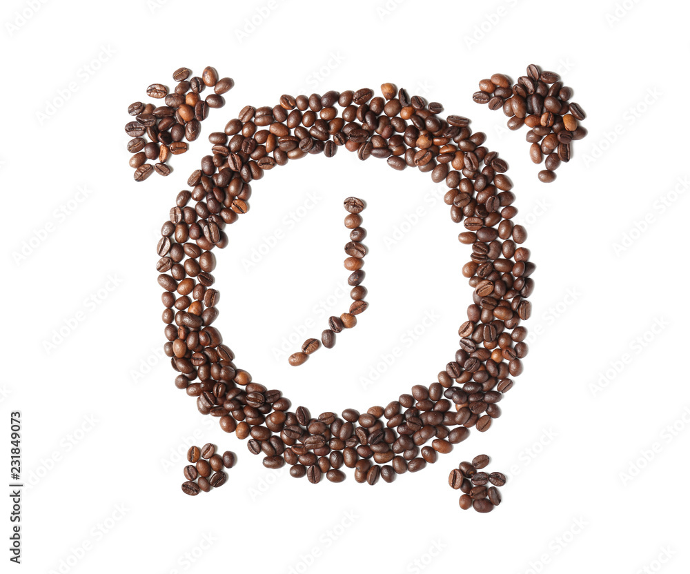 Alarm clock made of roasted coffee beans on white background Alarm clock made of roasted coffee beans on white background