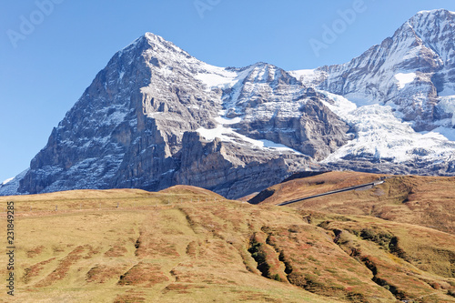 View of Eiger and Mönch (Moench) from train heading for Kleine Scheidegg, Jungfrau Region, Switzerland
