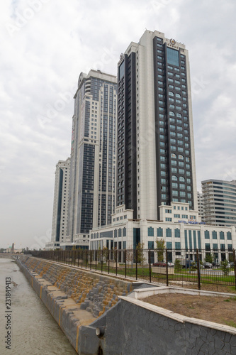 Grozny, Russia: 10.07.2015. Skyscrapers Hotel Grozny City and Phoenix on the embankment of the river Sunzha