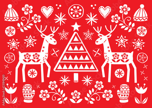 Christmas folk art greeting card with reindeer, flowers, Xmas tree and winter clothes pattern in white on red background - Merry Christmas decoration