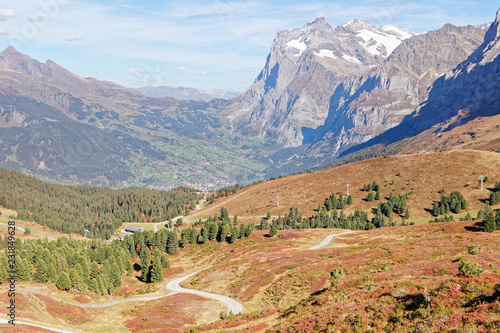 Views from Kleine Scheidegg train station towards Grindelwald valley with views of Wetterhorn mountain range - Kleine Scheidegg, Jungfrau Region, Switzerland