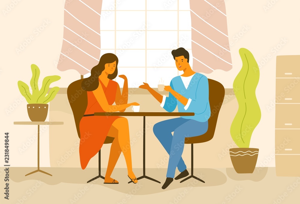 Cute romantic couple sitting at cafe table. Boyfriend and girlfriend  drinking coffee and talking. Young man and woman in love on date. Colorful  modern vector illustration in flat cartoon style. Stock Vector |