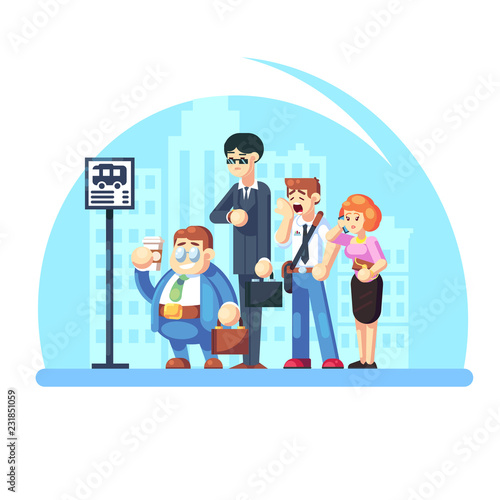 Group of diverse people waiting for the bus while standing at the bus stop in the morning. Office workers on the street. Vector flat illustration