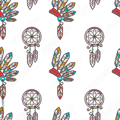 Native American Indians traditional culture symbols pattern background.