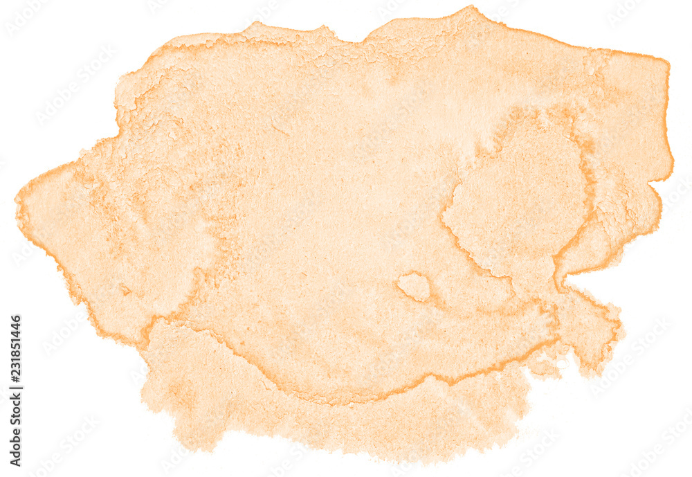 Fototapeta premium Light orange watercolor hand-drawn isolated wash stain on white background for text, design. Abstract texture made by brush for wallpaper, label.