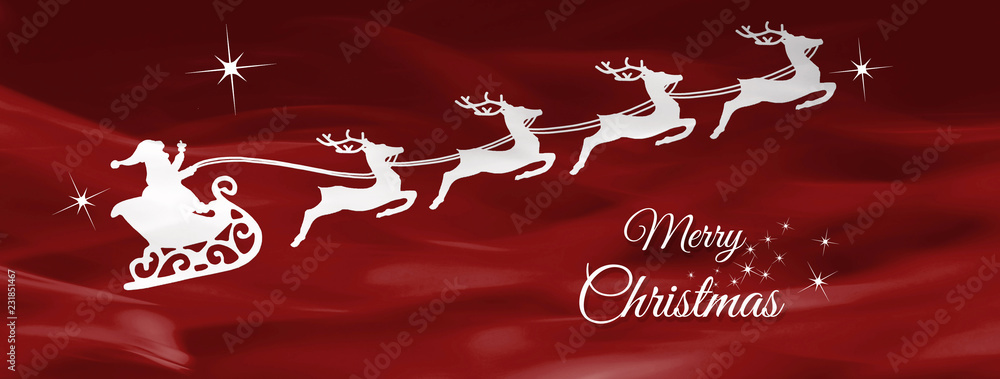 Santa's sleigh pulled by four reindeers on a shaded red background with stars and the Merry Christmas inscription