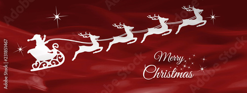 Obraz na płótnie Santa's sleigh pulled by four reindeers on a shaded red background with stars and the Merry Christmas inscription w salonie
