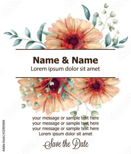 Gerbera floral banner watercolor Vector. Beautiful vintage fall colors floral...