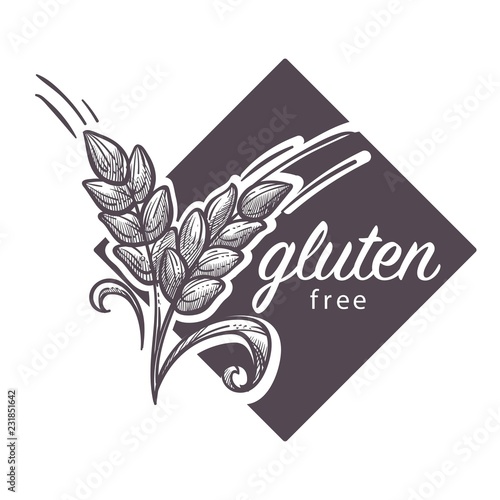 Gluten free logo, monochrome sketch outline with wheat