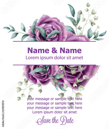 Wedding Invitation card with roses flowers watercolor Vector. Beautiful vintage violet colors floral decors