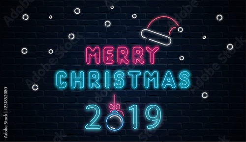 Merry Christmas 2019 neon luminous poster with Santa's cap on brick textured background.