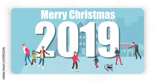 Merry Christmas 2019 greeting card with people skating on the ice rink.