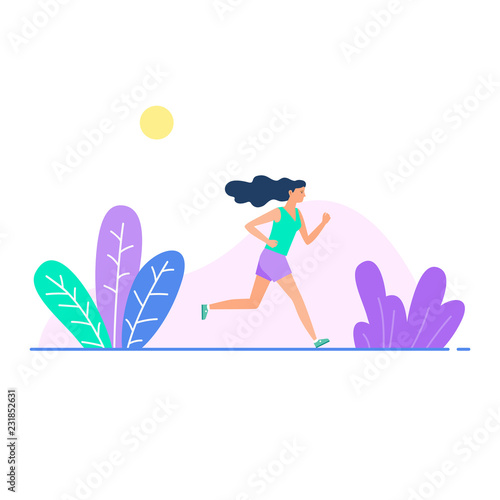 Vector illustration with running girl in flat style. Woman doing training outdoor