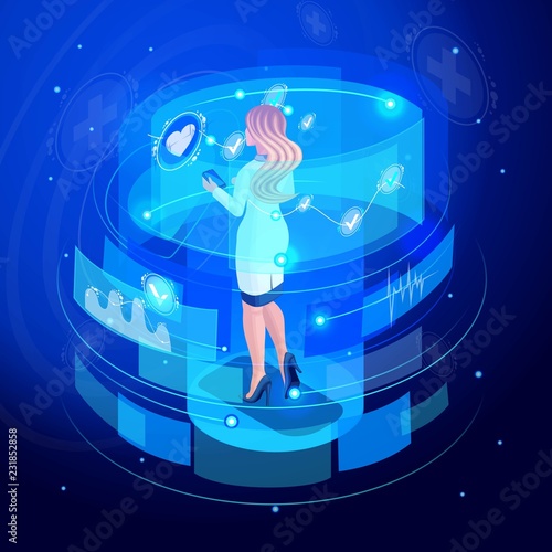 Isometric doctor works on a virtual screen, monitors, set 6, remote controls medical devices for life support. High tech. Back view