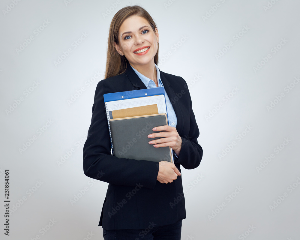 Happy woman teacher or student holding book. Happy woman teacher or student holding book.
