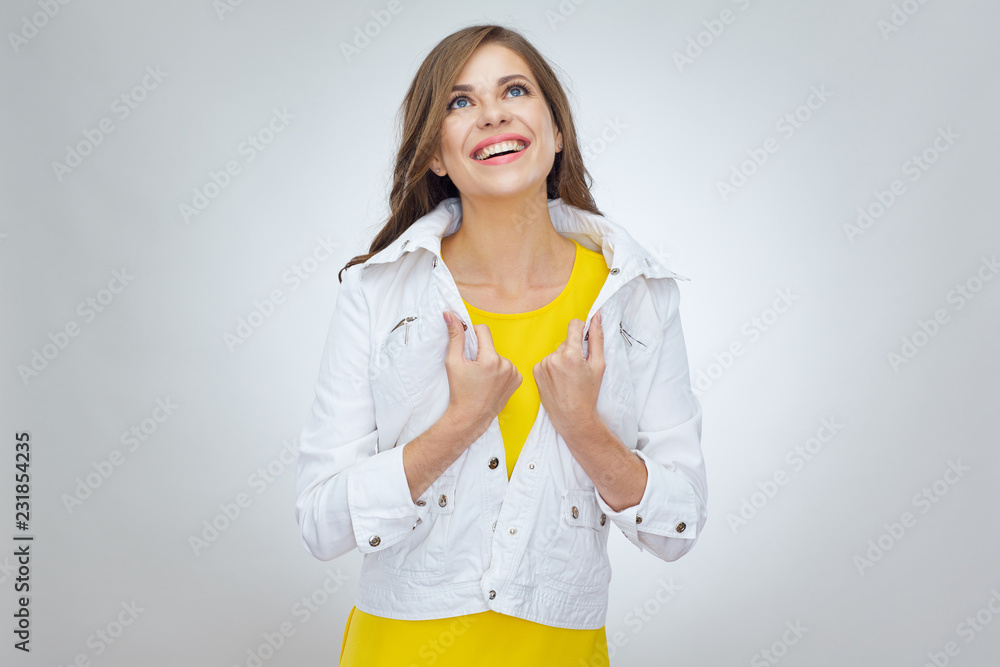 Happy woman smiling with teeth on white background. Happy woman smiling with teeth on white background.