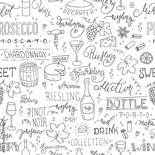 Wine vector seamless pattern with hand-drawn elements
