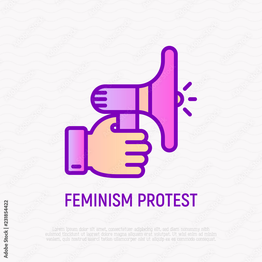 Feminism protest: hand with bullhorn thin line icon. Modern vector illustration. Feminism protest: hand with bullhorn thin line icon. Modern vector illustration.