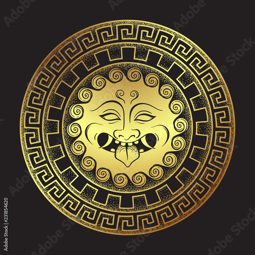 Medusa Gorgon golden head on a shield hand drawn line art and dot work print design isolated vector illustration. Gorgoneion is a protective amulet.