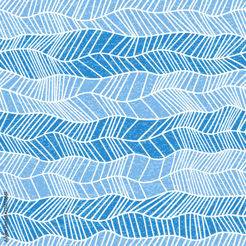 Seamless wavy pattern. Horizontal braids drawn by hand. Blue and white vintage print for textiles. Vector illustration.