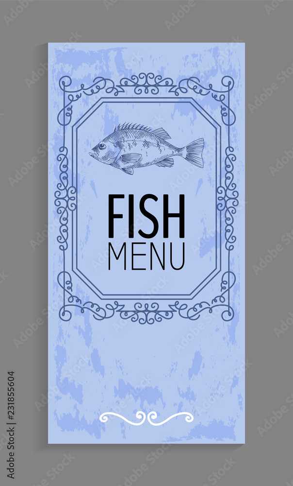 Fish Menu with Bass Depiction and Twirl Decoration