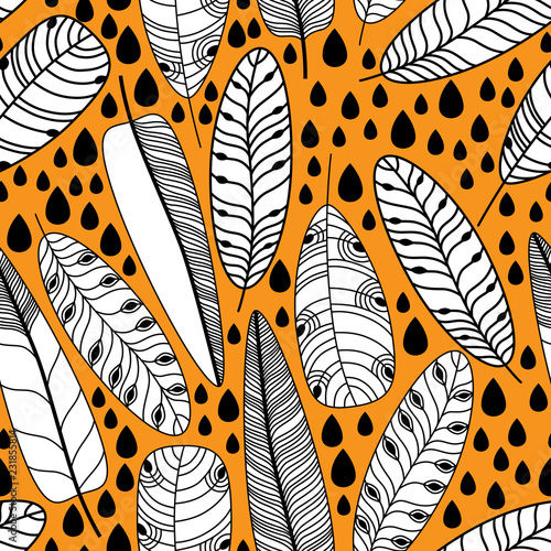 Hand drawn feathers set. Monochrome Vector Seamless Pattern.